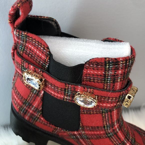 SUGAR-Favorite Red Black Plaid Rhinestone Chunky Heel Chelsea Ankle Boot - Picture 16 of 16